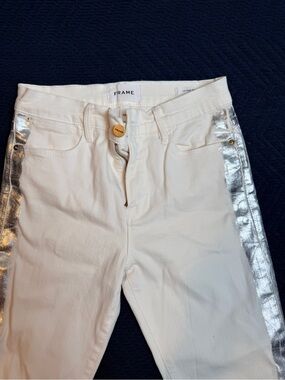 Frame Denim White High-Rise Jeans with Metallic Silver Side Panels